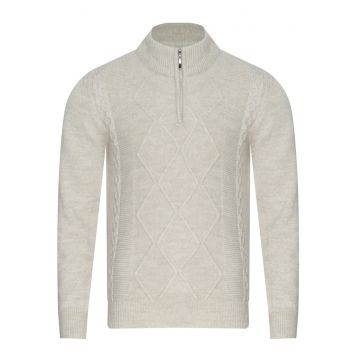 Pulover barbati -  8157 - guler scurt - bej - lana-acril