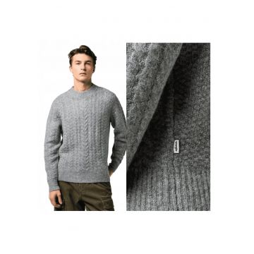 Pulover Barbati -  Cable Knit Sweater - Regular Fit - Decolteu Rotund - Caldura Si Confortabila - Design Clasic - Maneci Lungi - Poliester - Gri - Gri