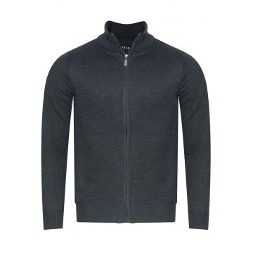 Pulover barbati -  gri inchis - 100% poliester - model clasic cu guler pe jumatate