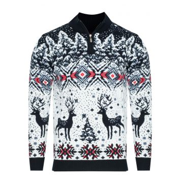 Pulover barbati -  guler pe jumatate - bleumarin-alb - Craciun