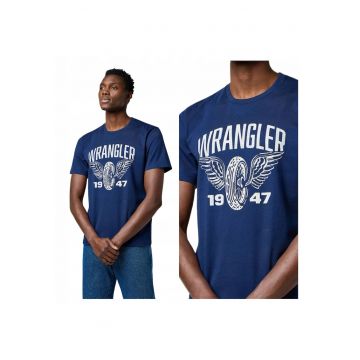 Tricou Barbati -  Americana Tee - Regular Fit - Decolteu Rotund - Cu Logo - Design Clasic - Maneci Scurti - Bumbac - Albastru - Albastru