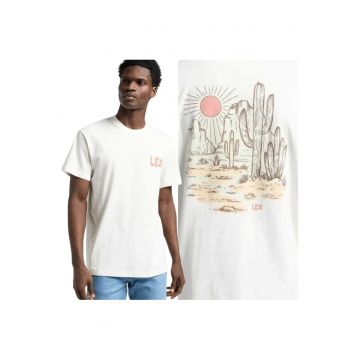 Tricou Barbati -  Relaxed Graphic Tee - Regular Fit - Decolteu Rotund - Cu Logo - Design Clasic - Maneci Scurti - Bumbac - Alb - Ecru