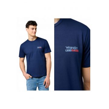 Tricou Barbati -  Small Americana Regular Fit - Decolteudwqf Rotund - Cu Logo - Design Clasic - Maneci Scurti - Bumbac - Albastru inchis