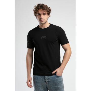 Tricou cu logo si decolteu la baza gatului - Negru