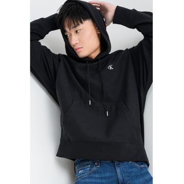 Hanorac cu snur de ajustare si buzunar kangaroo - Negru