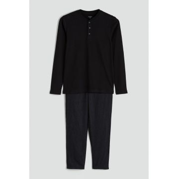 Pijama din bumbac cu pantaloni lungi si decolteu henley - Negru/Gri inchis