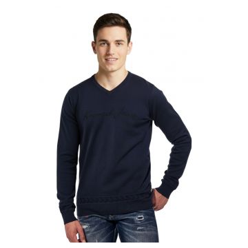 Pulover cu decolteu in V si logo brodat -