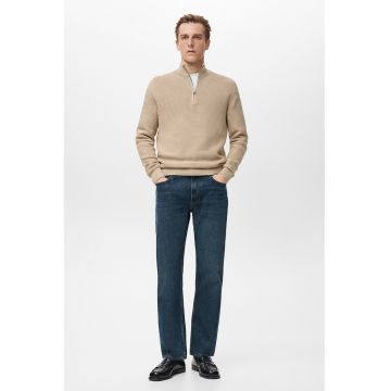 Pulover din bumbac cu fermoar scurt - Maro nisip
