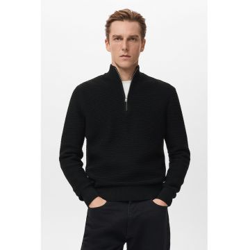 Pulover din bumbac cu fermoar scurt - Negru