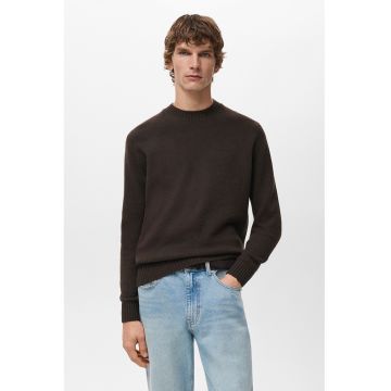 Pulover din lana cu decolteu la baza gatului - Maro inchis