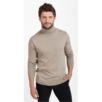 Pulover tricotat fin cu guler inalt -  S-Max - Bej melange - Bej melange
