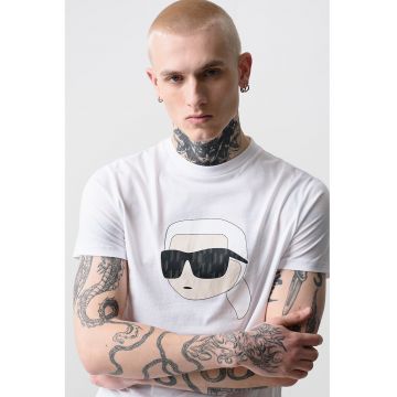 Tricou de bumbac cu decolteu la baza gatului si imprimeu logo - Alb optic