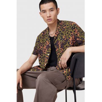 Camasa cu model si maneci scurte - Negru/Portocaliu/Verde masliniu