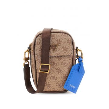 Geanta crossbody cu fermoar si model monograma Milano - Maro inchis/Bej