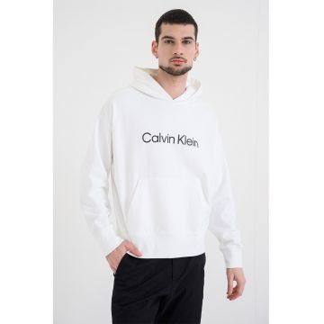 Hanorac cu imprimeu logo si buzunar kangaroo - Negru/Alb optic