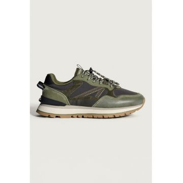 Pantofi sport de material textil si insertii de piele intoarsa - Verde inchis/Verde masliniu