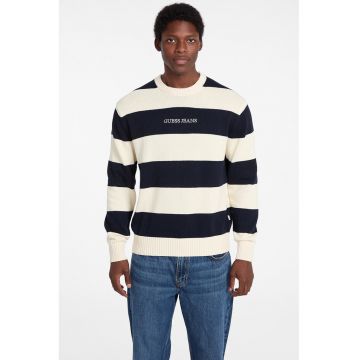 Pulover cu dungi - decolteu la baza gatului si logo - Alb fildes/Bleumarin