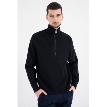 Pulover striat cu guler inalt si fermoar scurt - Albastru ultramarin