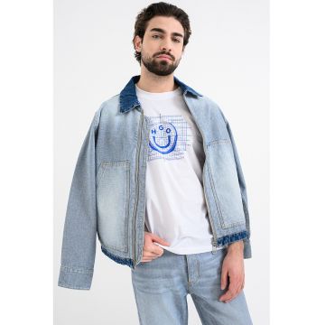 Tricou cu decolteu l abaza gatului si imprimeu Namerix - Alb murdar/Albastru