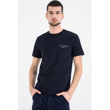 Tricou cu decolteu la baza gatului si imprimeu logo - Bleumarin