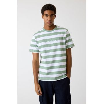 Tricou cu dungi si logo - Alb/Verde sparanghel