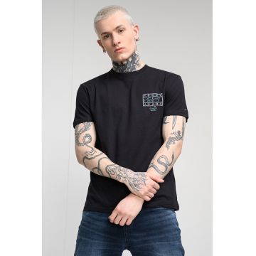 Tricou cu imprimeu si decolteu la baza gatului - Negru