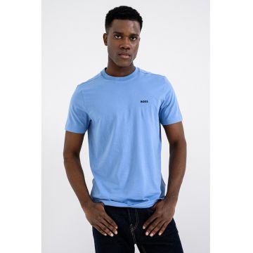 Tricou cu logo discret si decolteu la baza gatului - Albastru pastel/Albastru glaciar