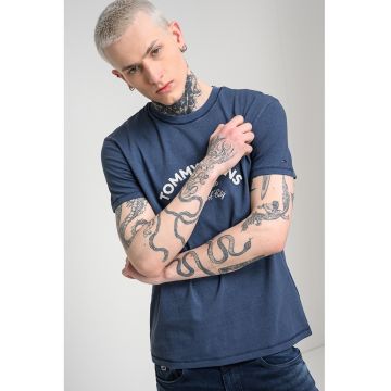 Tricou de bumbac cu decolteu la baza gatului - Albastru prafuit