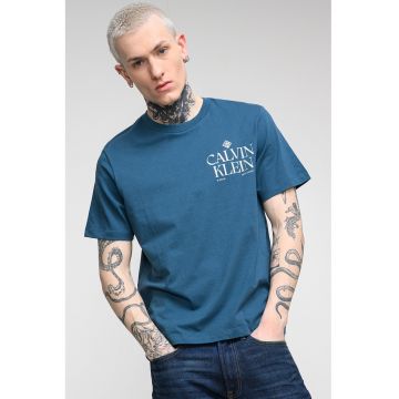 Tricou de bumbac cu decolteu la baza gatului si logo - Albastru petrol