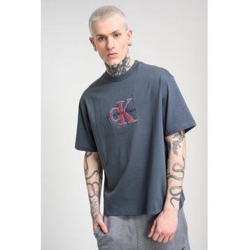 Tricou de bumbac cu logo brodat - Albastru prafuit