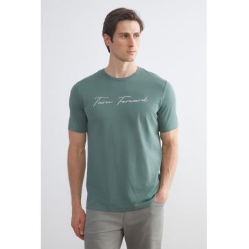 Tricou din amestec de bumbac cu decolteu la baza gatului - Verde sparanghel