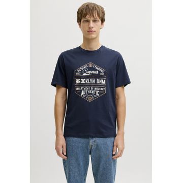 Tricou din amestec de bumbac cu imprimeu text - Bleumarin