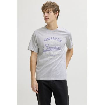 Tricou din amestec de bumbac cu imprimeu text - Gri deschis melange