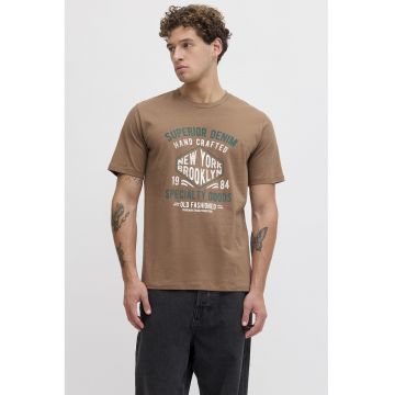 Tricou din amestec de bumbac cu imprimeu text - Maro camel