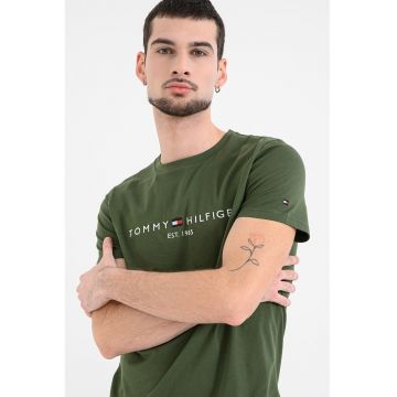 Tricou slim fit din bumbac cu broderie - Verde padure