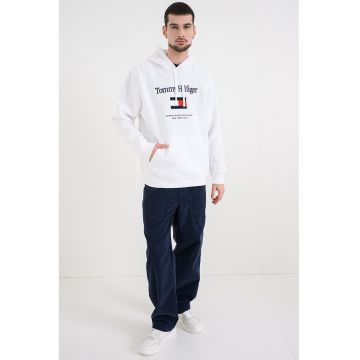 Hanorac cu buzunar kangaroo si imprimeu logo - Alb