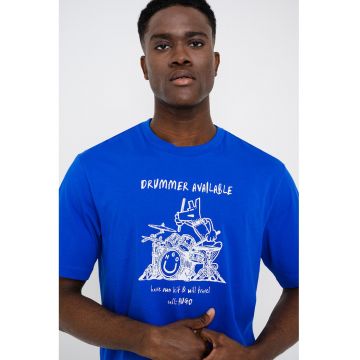 Tricou cu decolteu l abaza gatului si imprimeu Namerix - Albastru royal/Alb optic