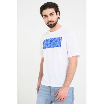 Tricou cu decolteu la baza gatului si imprimeu Noctornix - Alb/Albastru royal