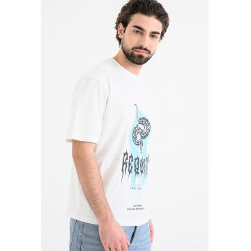 Tricou cu decolteu la baza gatului si imprimeu Noctornix - Alb/Negru/Albastru deschis