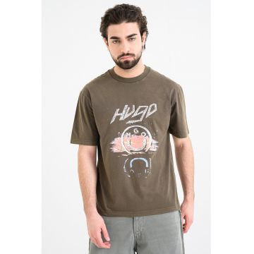 Tricou cu decolteu la baza gatului si imprimeu Noctornix - Alb/Roz somon/Kaki inchis