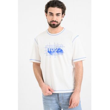 Tricou cu decolteu la baza gatului si logo Nothal - Alb murdar/Albastru
