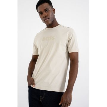 Tricou cu imprimeu logo si decolteu la baza gatului - Bej deschis