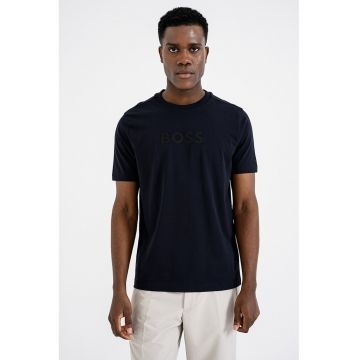 Tricou cu imprimeu logo si decolteu la baza gatului - Negru