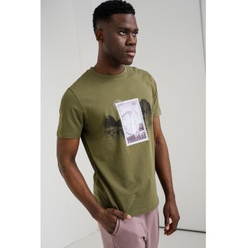 Tricou de bumbac cu imprimeu grafic Divalis - Alb/Kaki inchis