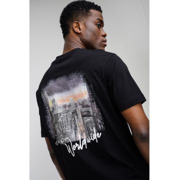 Tricou de bumbac cu imprimeu pe partea din spate - Alb/Negru/Gri inchis