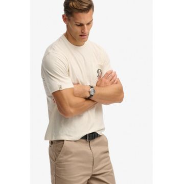 Tricou din bumbac cu buzunar pe piept - Crem