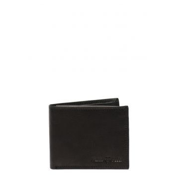 Portofel de piele cu clapa si logo stantat - Negru