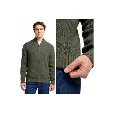 Pulover Barbati -  Half Zip Knit - Regular Fit - Cu Fermoar - Maneci Lungi - Fara Buzunare - Bumbac - Verde - Verde