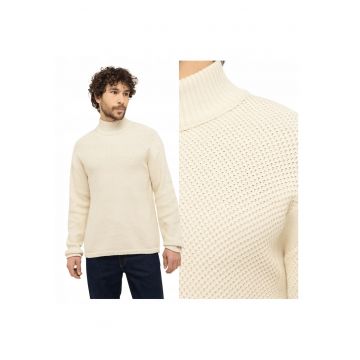 Pulover Barbati -  Style Elwood - Regular Fit - Fara Inchidere - Guler Inalt - Maneci Lungi - Fara Buzunare - Bumbac - Bej - Bej