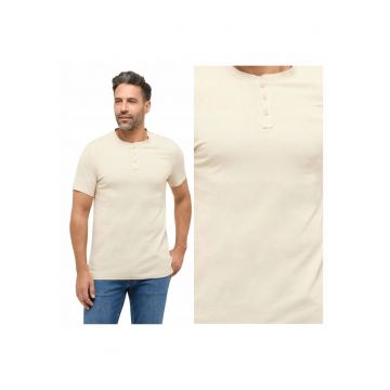 Tricou Barbati -  Style Austin - Regular Fit - Maneca Scurta - Decolteu Rotund - Cu Logo - Bumbac - Design Clasic - Bej - Bej